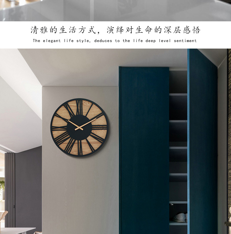 欧式亚马逊跨境热卖挂钟客厅wall clock创意复古木质石英静音钟表详情10