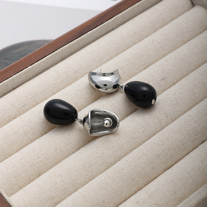 欧美小众复古黑玛瑙水滴项链耳环戒指女大号夸张黑色椭圆形耳钉详情8