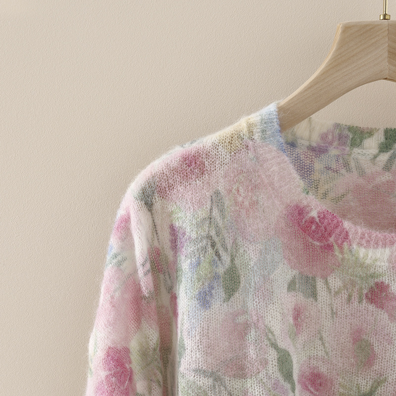 Flower Fairy Watercolor printed long-haired alpaca wool knitted sweater for spring, new wool round-neck pullover sweater for women pic 10