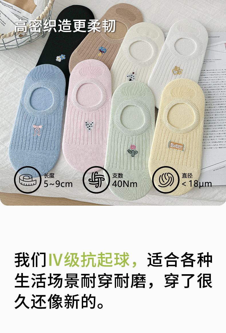 诸暨夏季薄款纯棉隐形袜子女无骨卡通刺绣网眼透气浅口低帮船袜详情7