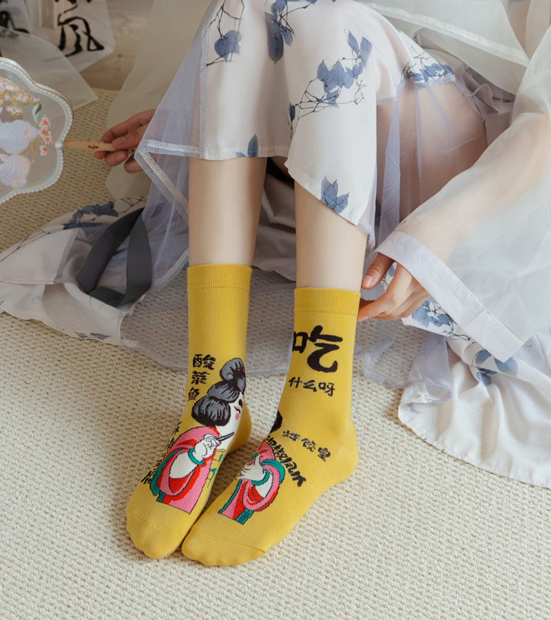 国潮袜子女原创设计古风水墨画AB鸳鸯女棉袜敦煌飞天白蛇传潮流中筒袜详情24