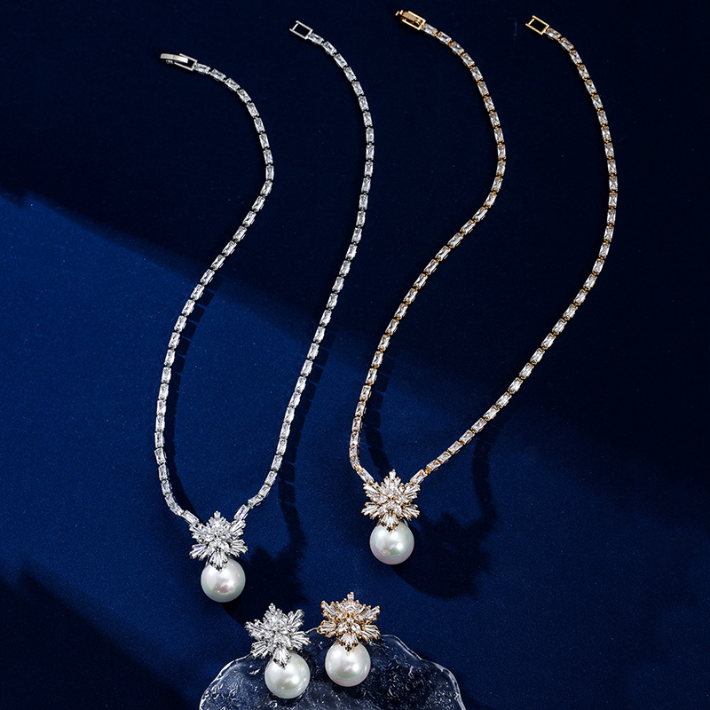 日韩高端珍珠锆石雪花项链耳饰套装韩版名媛气质冷淡风时尚首饰LYTJ5365格蒂莎珠宝饰品宴会礼服配饰锆石套链详情13