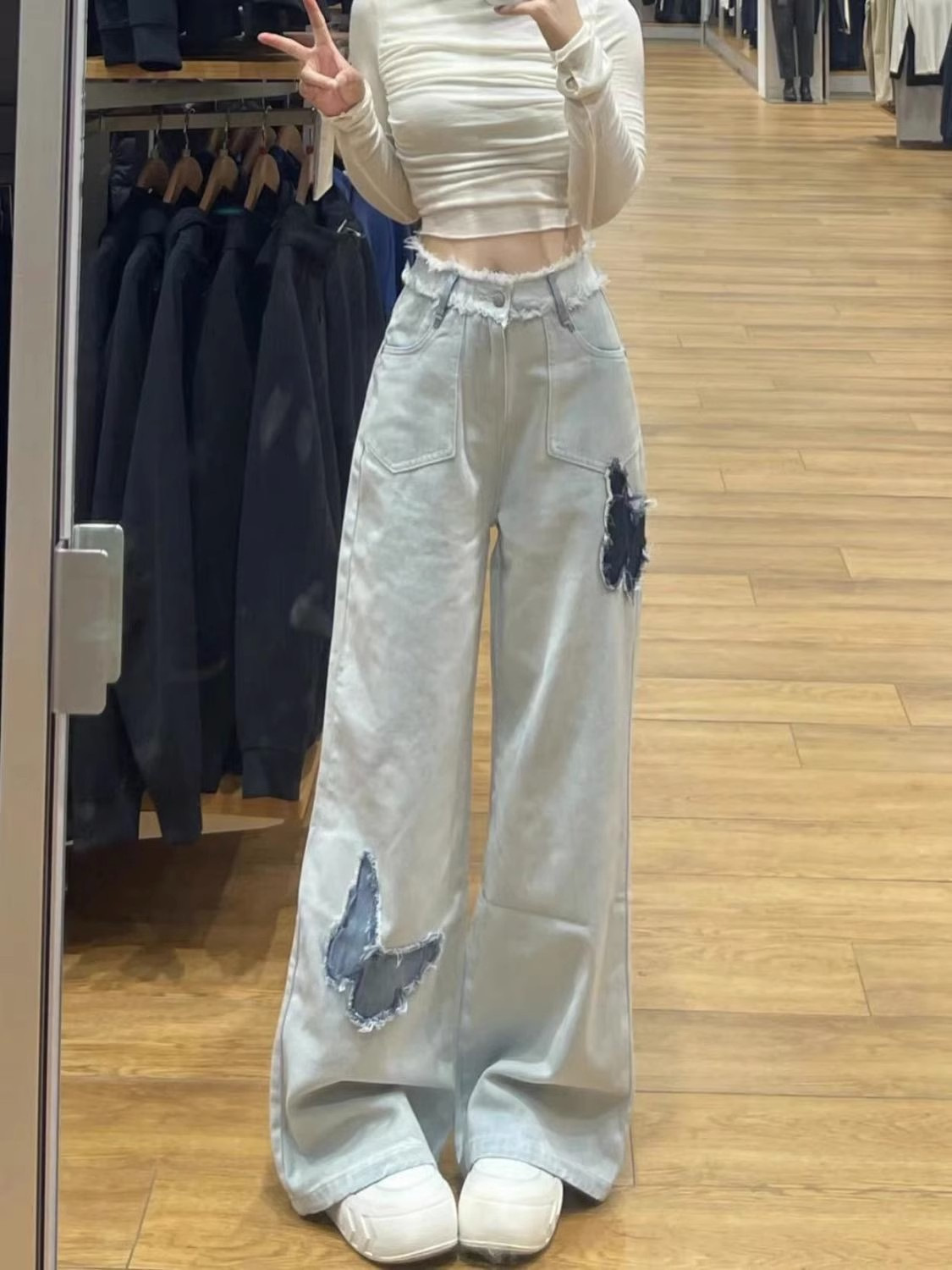 Light blue fringed butterfly straight-leg jeans for women, new autumn style with embroidered design, high-waisted loose, slimming wide-leg pants pic 13