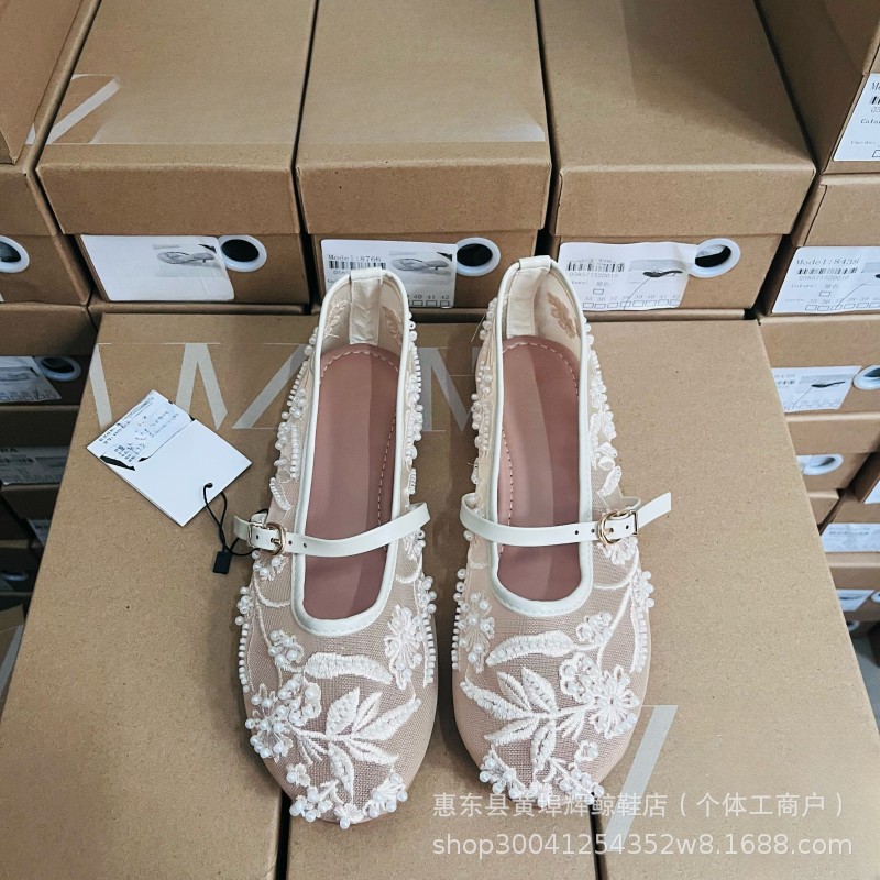 ZA新款白色刺绣珍珠网纱平底单鞋圆头芭蕾舞鞋女玛丽珍女鞋详情1
