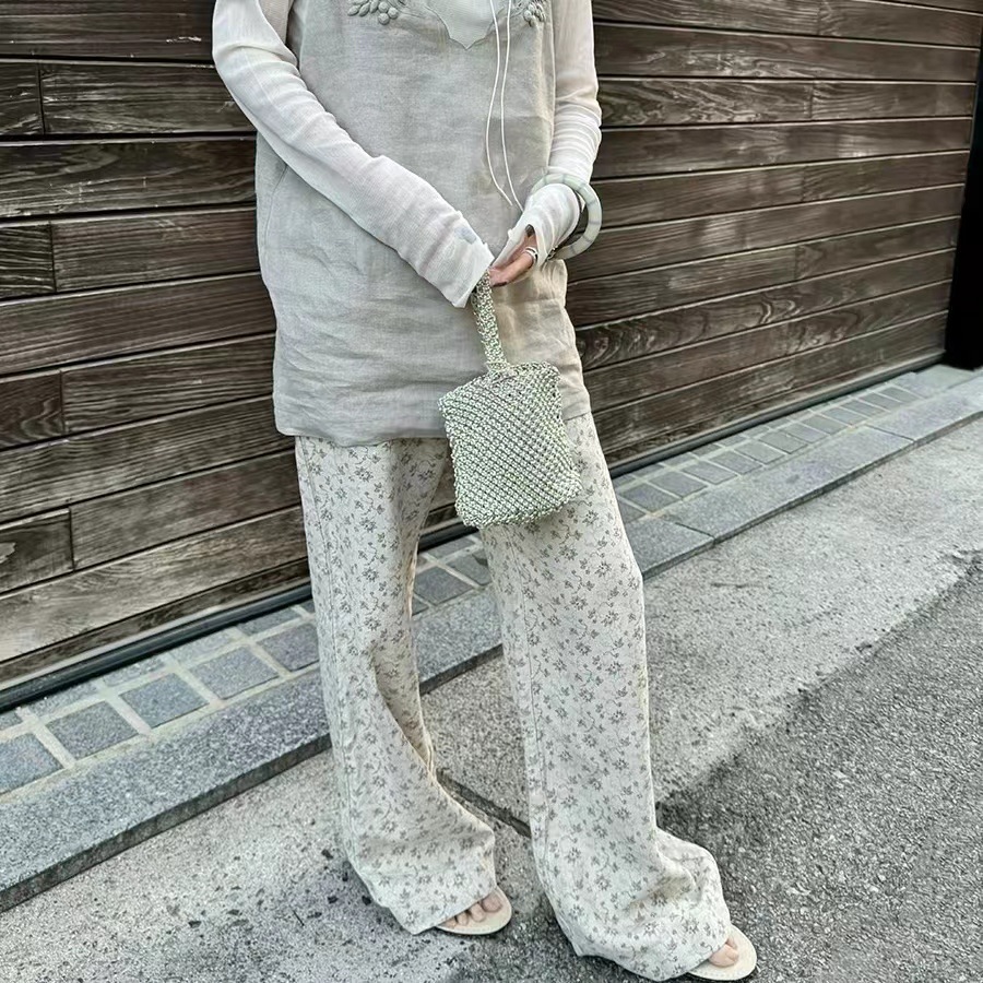 In-stock 0wis raindrop linen and floral patterned French raindrop linen printed floral casual trousers, slimming and versatile pic 23