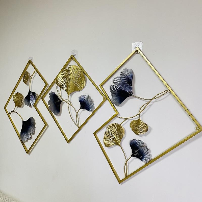 现代简约铁艺金属墙面挂画立体三联组合壁挂跨境热销装饰品银杏叶详情12