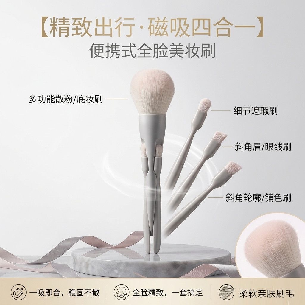 Cross-border four-in-one magnetic makeup brush, portable beauty tool, multi-functional set brush, eyeshadow brush, contouring brush pic 5