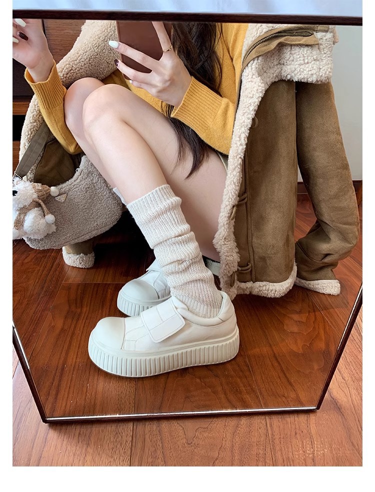 葡萄妈同款水洗马皮圆头魔术贴百搭厚底低帮休闲饼干板鞋女详情35