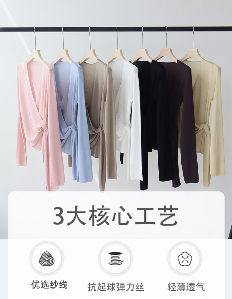 莱赛尔天丝春夏交叉绑带简约风针织衫女长袖V领空调衫绑带设计详情2
