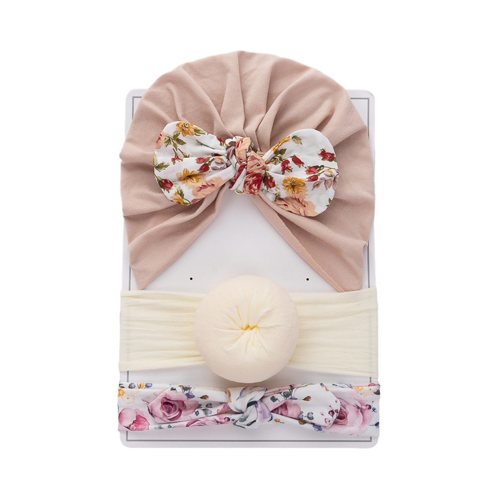 欧美新款新生婴儿帽子发带套装两件套0-12个月宝宝套头帽印度帽详情14