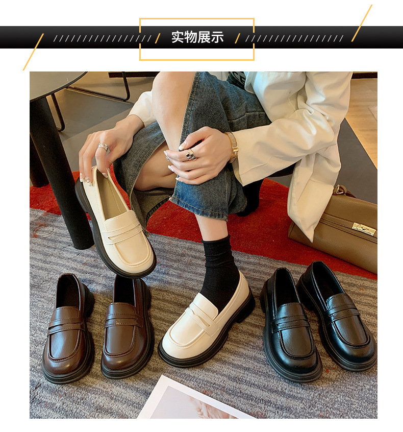 The new 2024 autumn collection of Japanese-style small leather shoes for women features a black thick-soled loafer with a British style, paired with a single jk uniform shoe pic 7