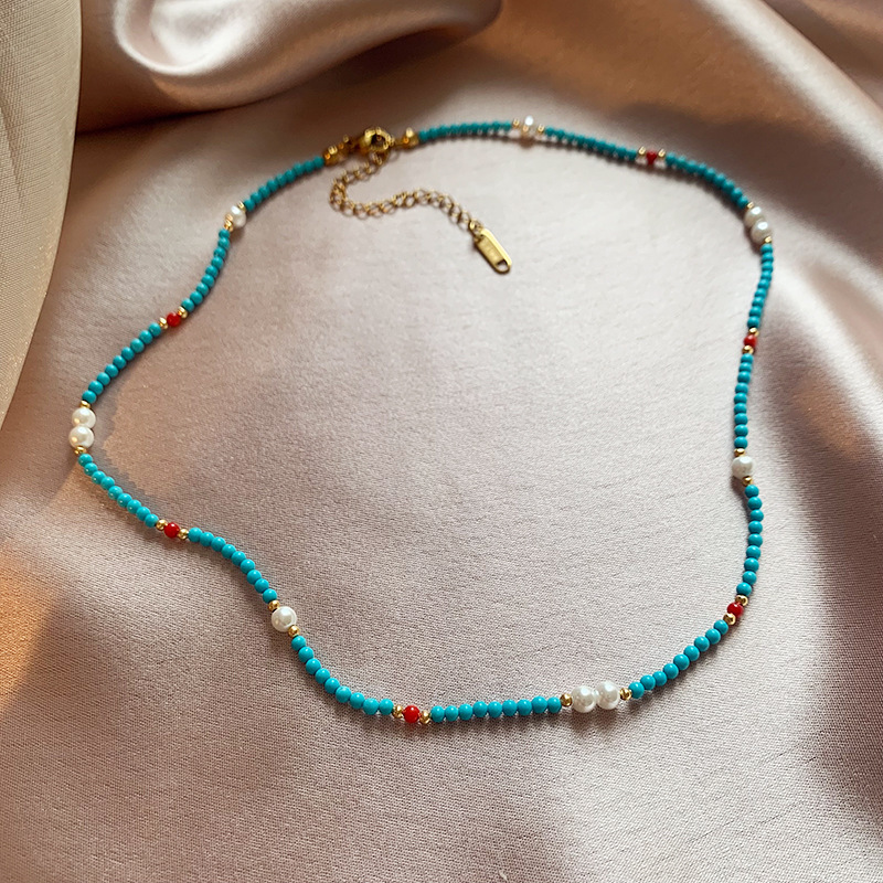 新中式优化绿松石红玛瑙串珠施家珍珠项链小众法式复古轻奢锁骨链详情7