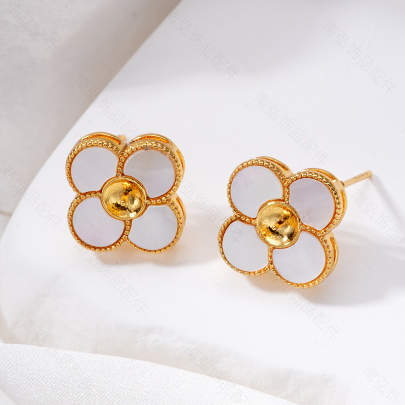 Pearl ring, earneedle pendant, three-piece set, empty stand, four-petal flower, white butterfly shell design, DIY light luxury original jewelry pic 6