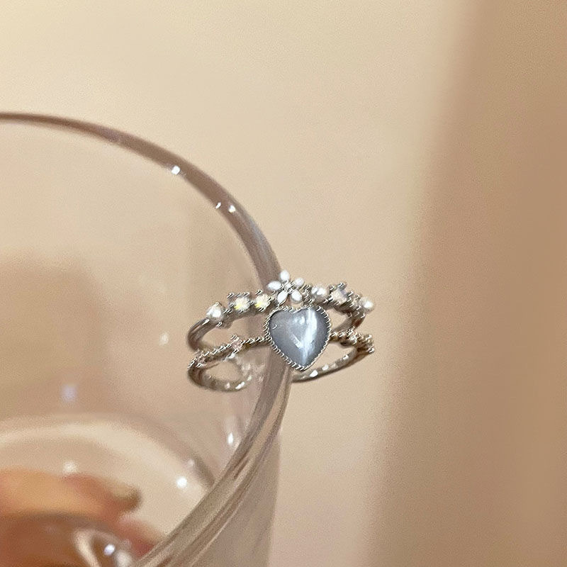 海蓝爱心月光锆石开口戒指女轻奢小众设计感食指戒气质可调节指环详情7