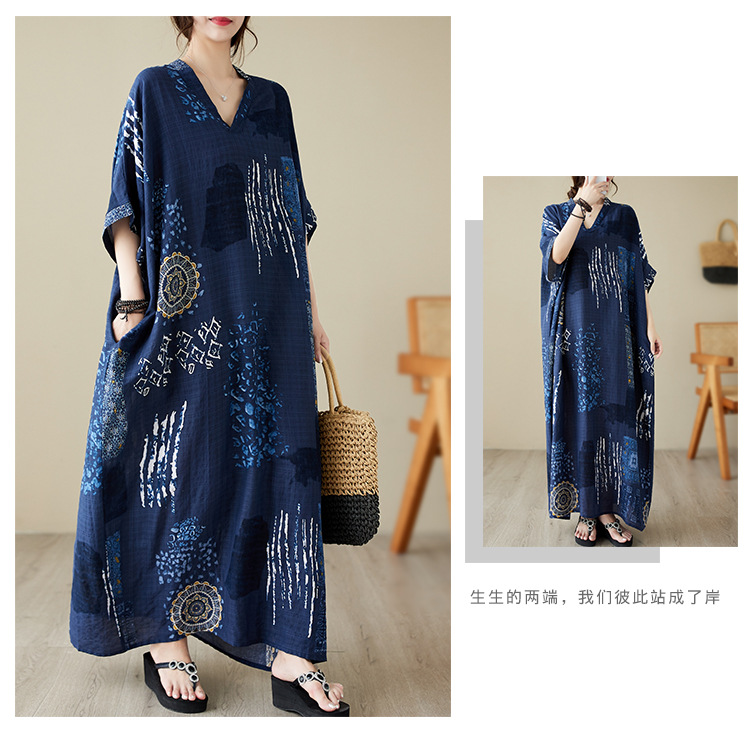 夏季v领薄棉麻大码宽松文艺度假风沙滩裙复古遮肉长款袍子连衣裙详情14
