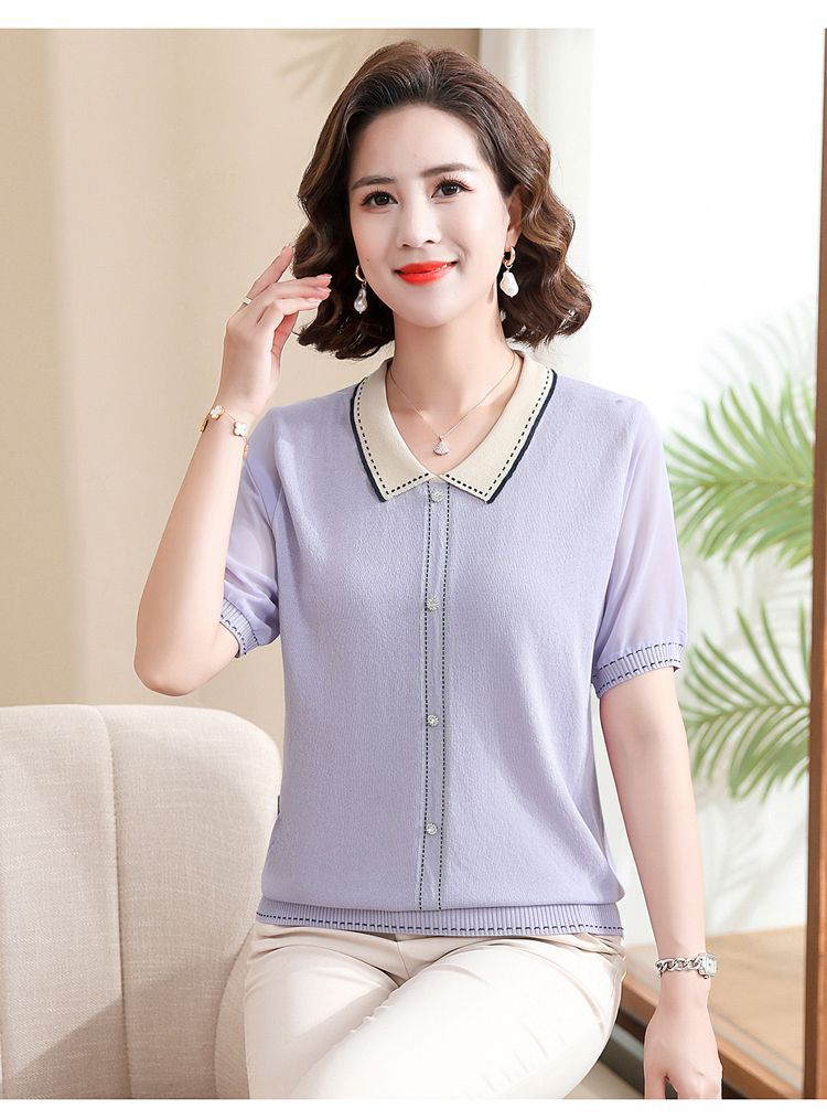 妈妈夏装短袖针织翻领T恤中老年女装冰丝上衣遮肚子薄款小衫套装详情18