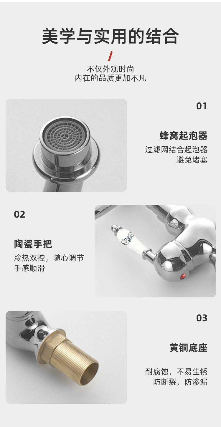 法式黄铜复古水龙头厨房家用浴室柜洗漱台面盆冷热防溅水龙头金色详情6