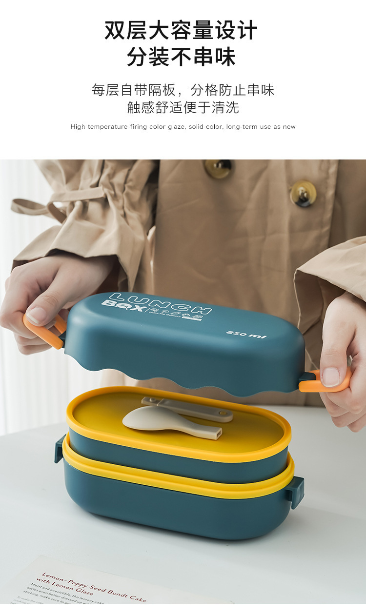 European-style plastic double-layer bento box, microwave oven lunch box, Japanese cartoon with tableware, office worker and student meals pic 10