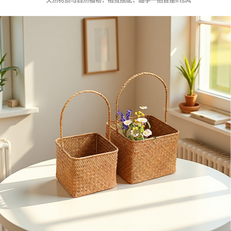 日式野餐篮藤海草编织插花篮婚礼喜糖装伴手礼杨梅手提篮子收纳筐详情7