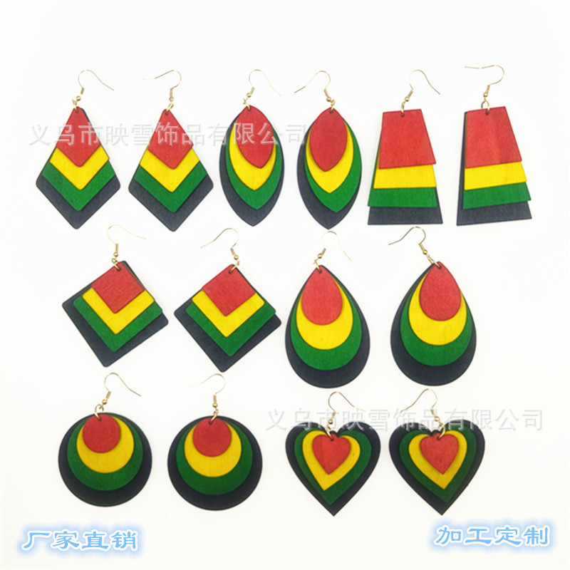非洲亚马逊跨境多色耳环木片切割多层个性耳饰黑人历史月耳勾详情1