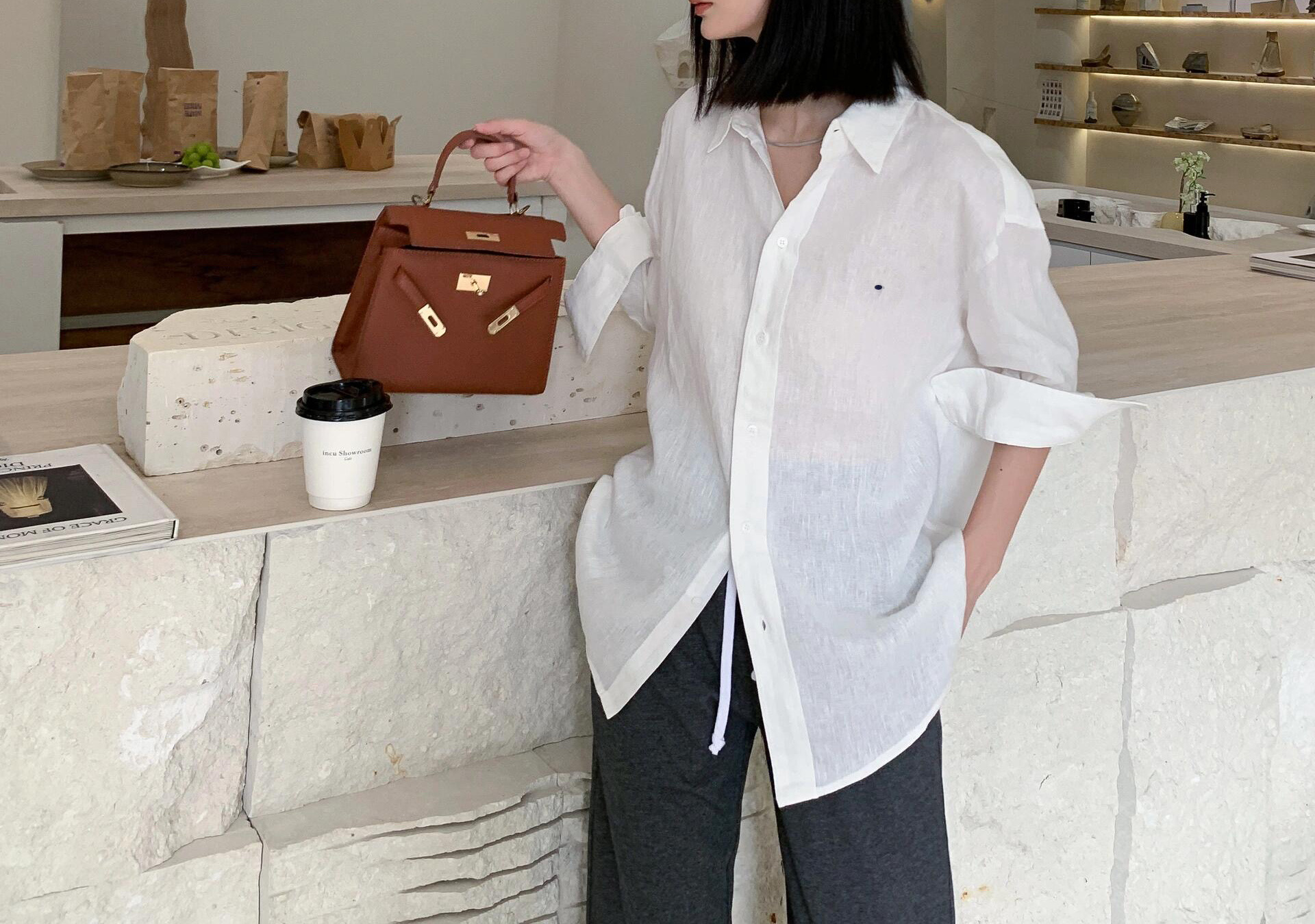 亚麻衬衫薄款小马标刺绣美式复古经典衬衣长袖POLO领防晒女上衣详情14