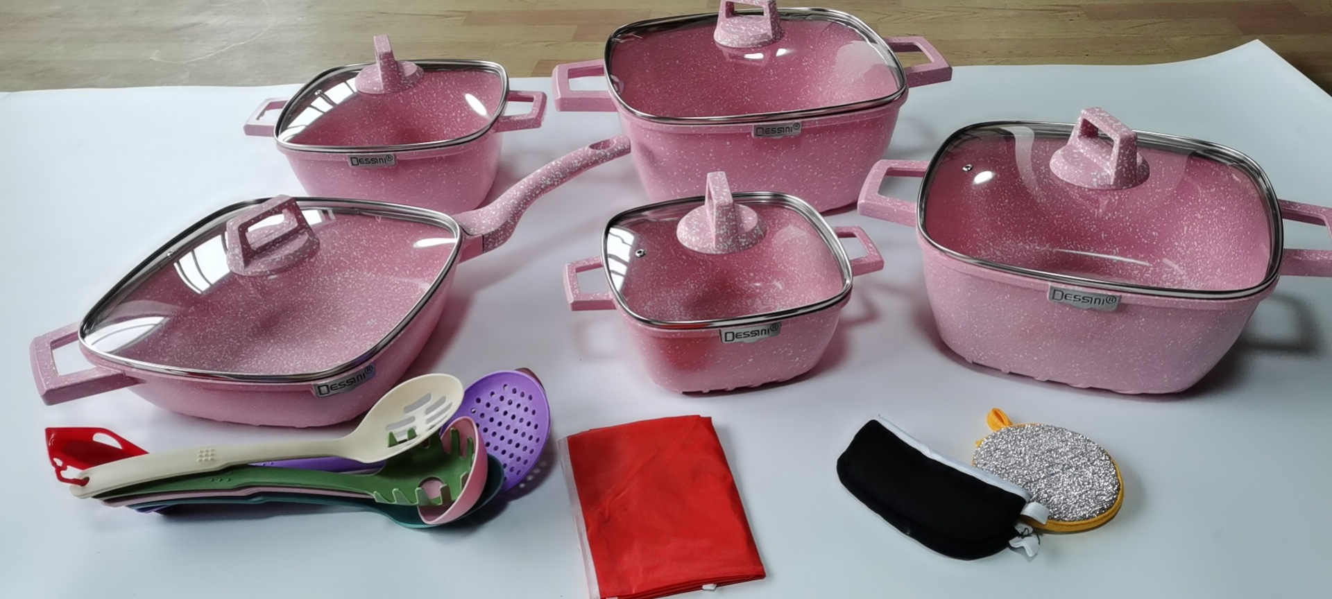 dessini25件套不粘锅方形条纹压铸铝锅麦饭石锅厨房组合锅具套装详情12