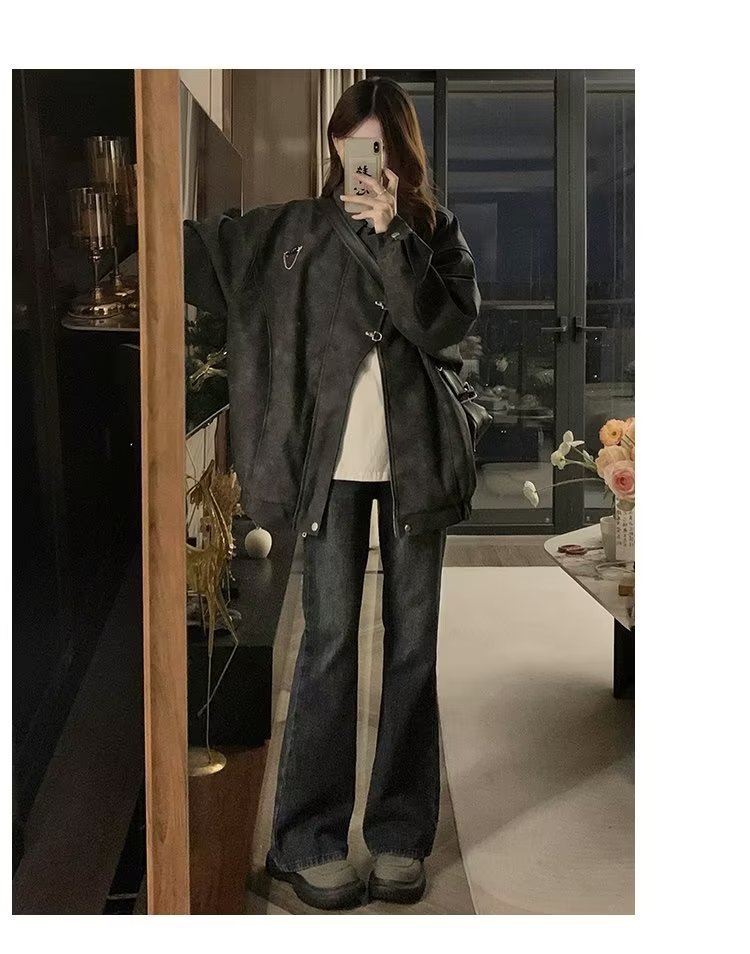 美式复古翻领外套女chic春秋潮流休闲宽松设计感PU皮学生夹克上衣详情20