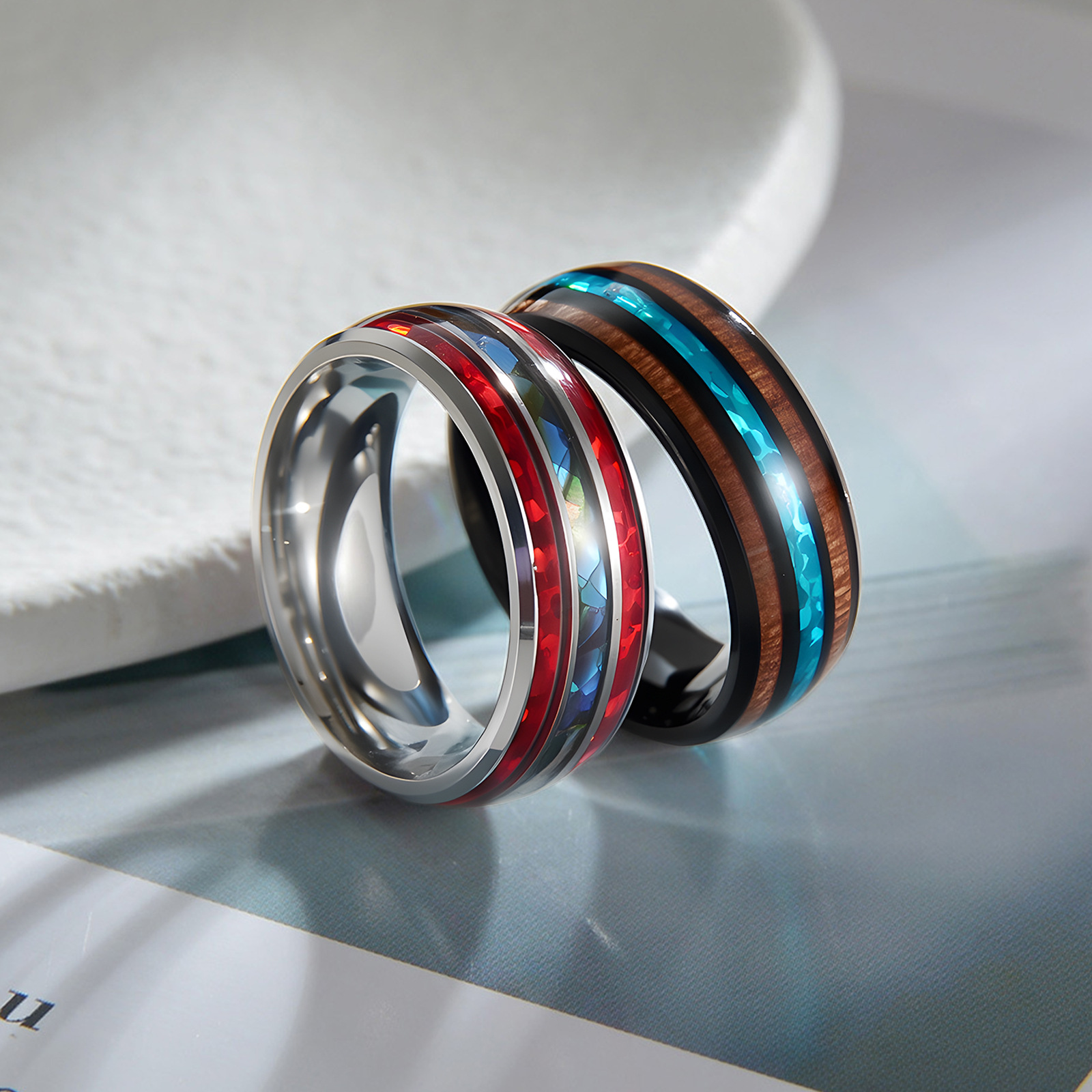 Cross-border Amazon 2024 new titanium steel jewelry inlaid with acacia wood imitation Australian abalone shell ring and bracelet wholesale pic 4