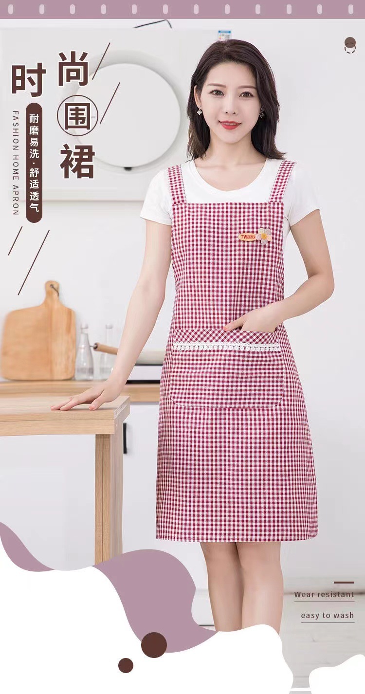 棉布围裙家用厨房做饭防油污背带工作服清新时尚围腰罩衣上班成人详情1