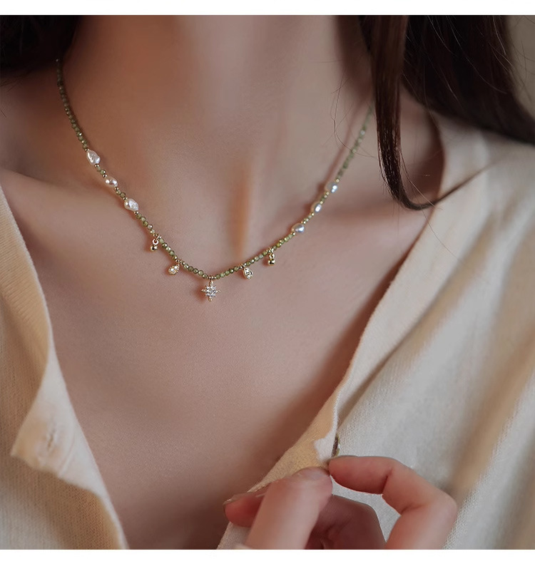 橄榄绿锆石串珠天然巴洛克淡水珍珠项链女轻奢小众锁骨链颈链饰品详情8