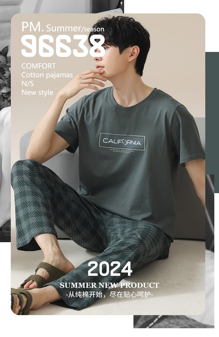 Summer pure cotton pajamas for men, cartoon casual short-sleeved shirts and long pants, pure cotton comfortable home wear, summer youth student set pic 56