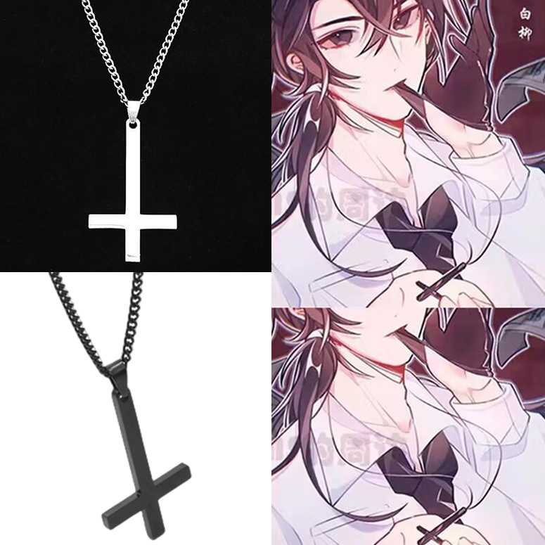 Black inverted cross necklace for boys, titanium steel pendant for girls, simple and stylish white willow accessories for trendy men pic 1