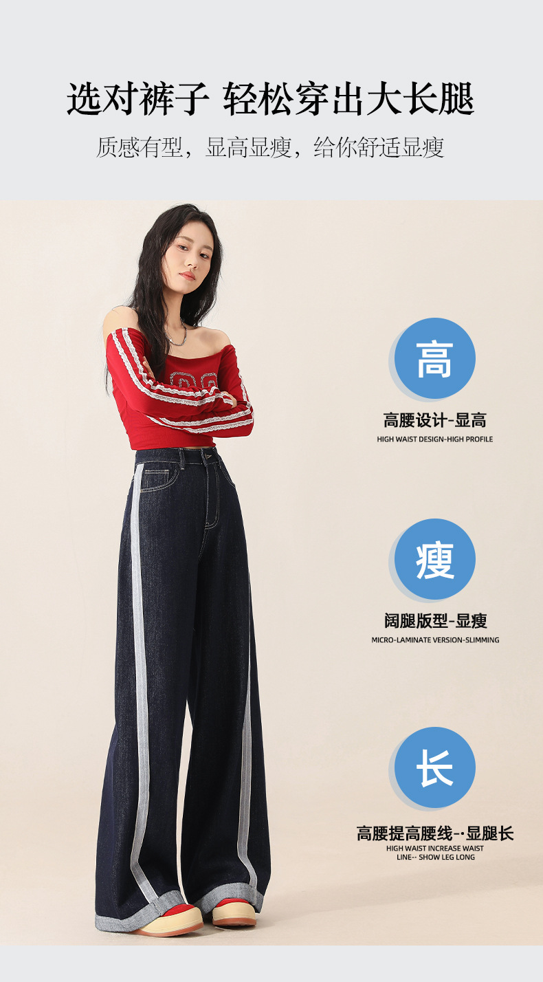 Denim wide-leg jeans for women, Spring 2025 new style, color-blocking and patchwork high-waisted loose straight-leg floor-length pants pic 16
