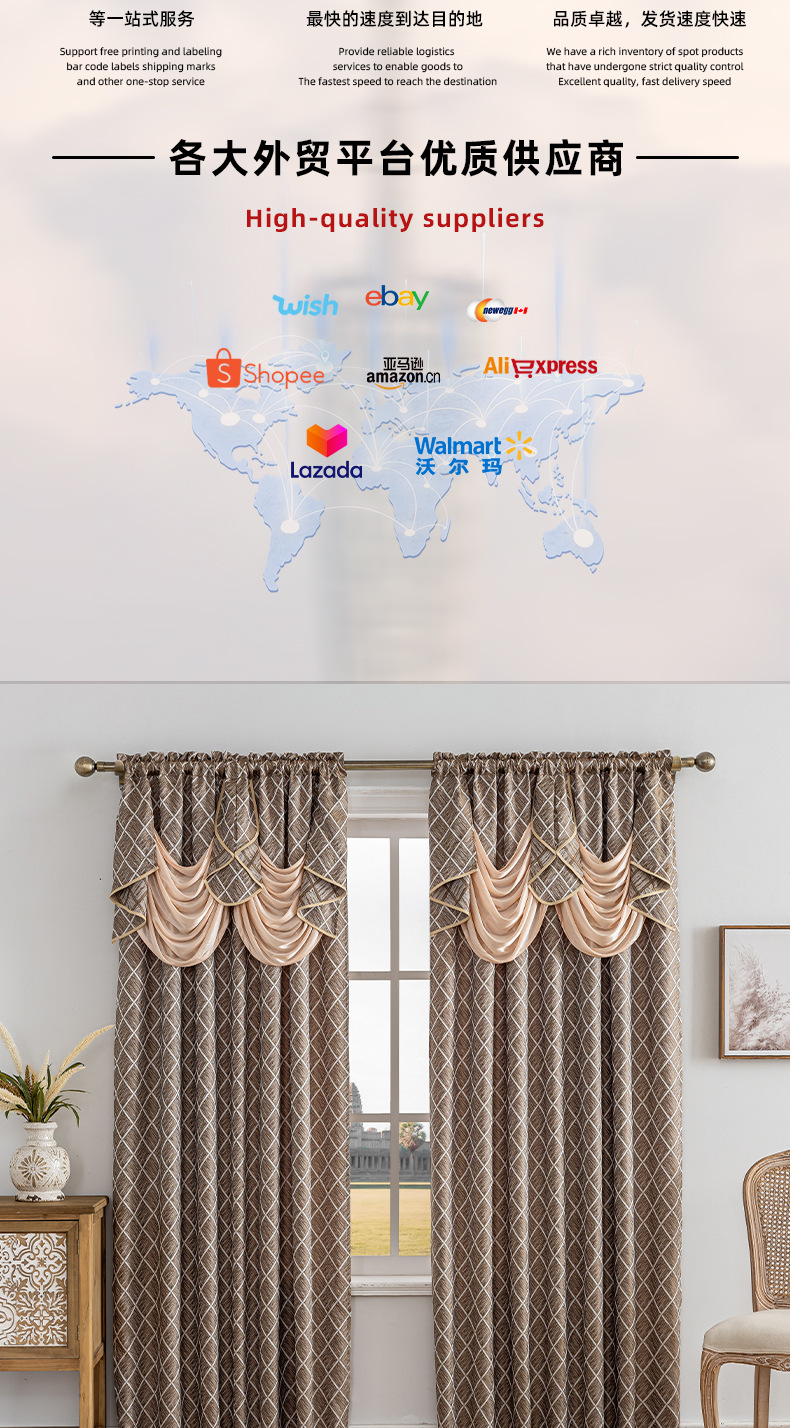 Keqiao cross-border best-selling 280gsm Amazon jacquard curtain head style light-blocking living room and bedroom curtais curtain custom-made finished curtains pic 2