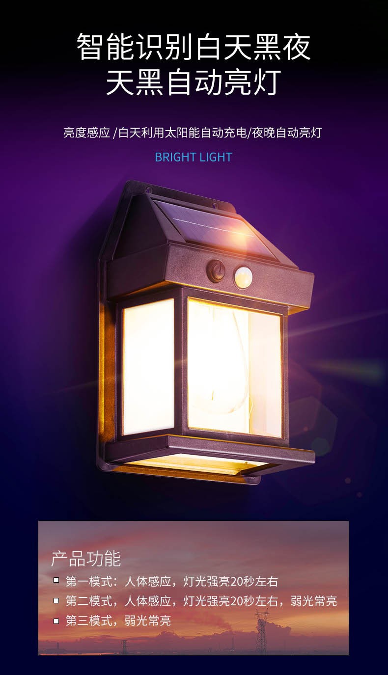 太阳能室外壁灯人体感应三模式钨丝壁灯花园别墅防水小夜灯照明详情5