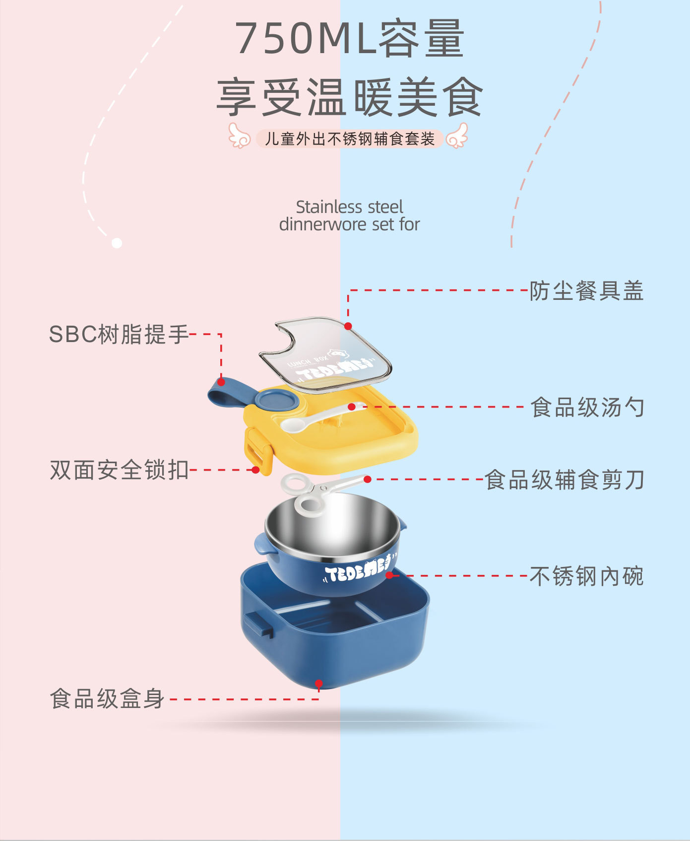 抖音一件代发辅食碗304不锈钢PP宝宝碗可爱婴儿儿童便携餐具套装详情13