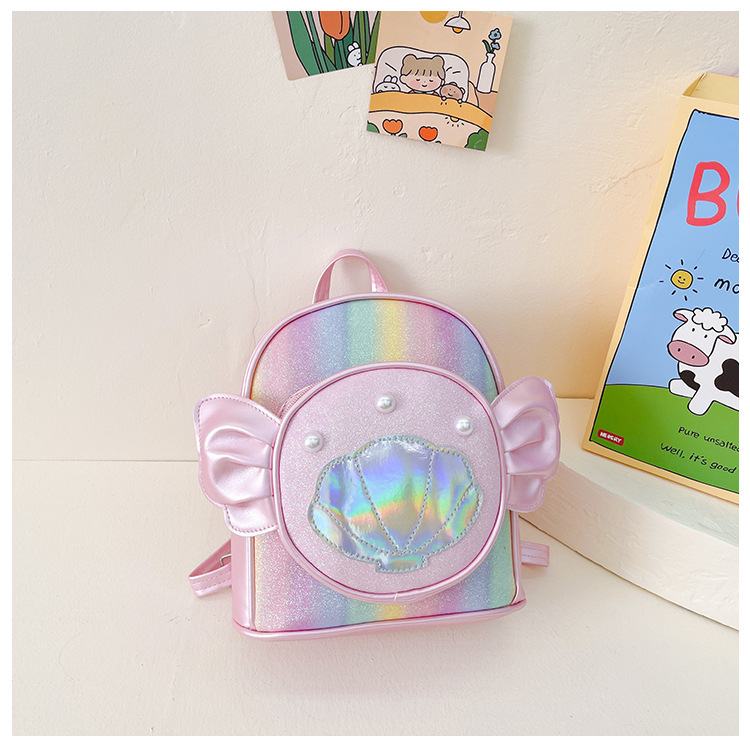 Rainbow gradient sequin backpack, pearl shell pattern, pink bow, outdoor hiking canvas schoolbag, lightweight and durable pic 4