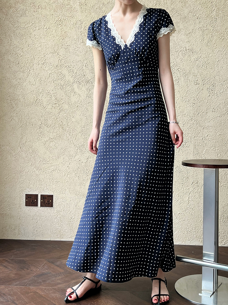 鹿西 法式蕾丝花边拼接连衣裙夏季V领气质波点收腰显瘦长裙子8677详情35