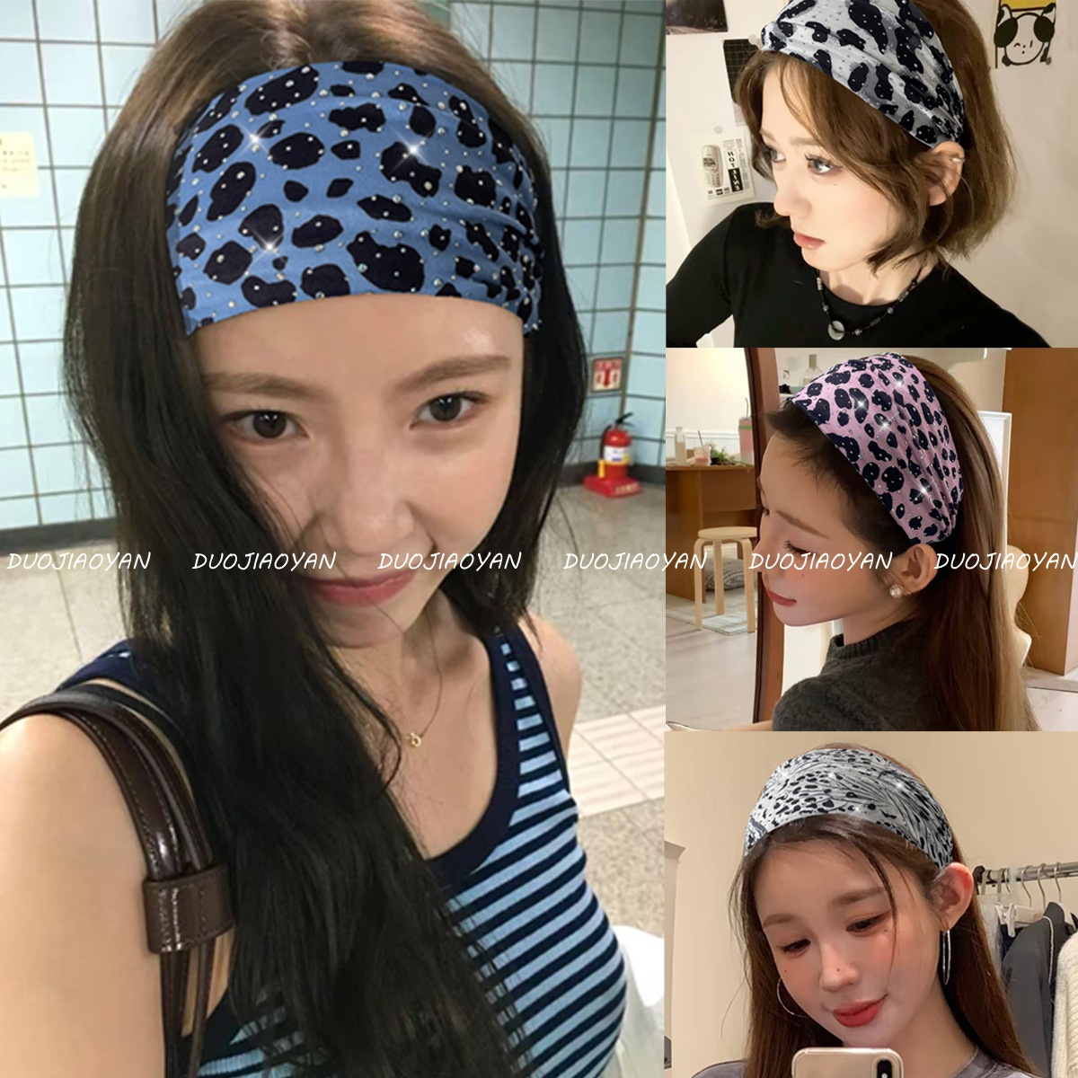 The new leopard print hot diamond hair band is a fashionable and hot girl. The wide-edge knotted elastic hair band is a sports sweat-absorbing headscarf for women pic 1