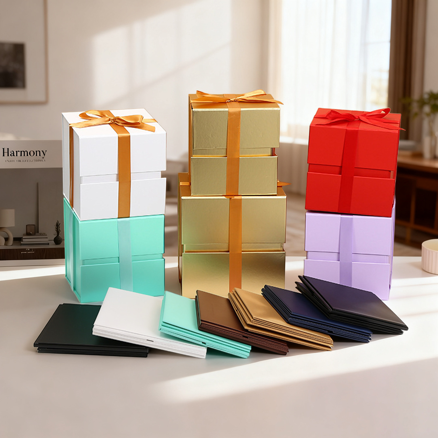 跨境外贸正方形折叠礼盒创意礼品盒大中小号磁铁翻盖丝带折叠盒一片式礼物盒详情3