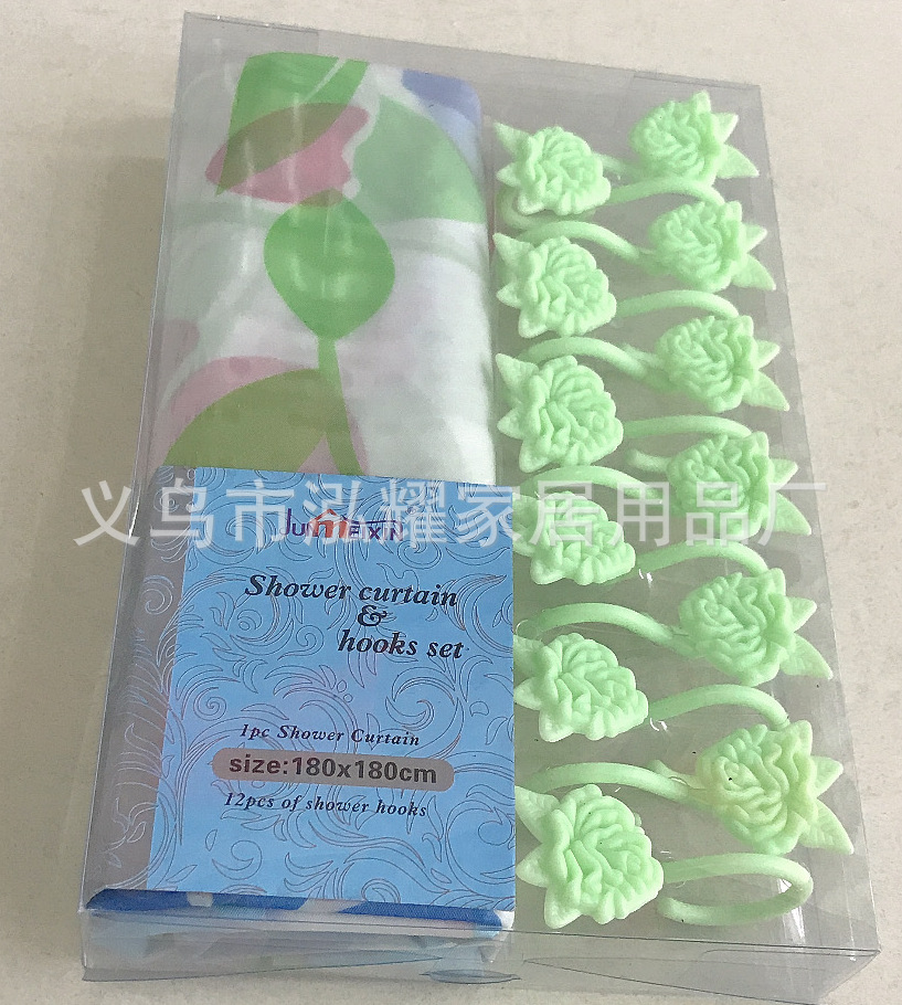 北欧风加厚PEVA印花卫生间浴帘花朵盒装套装花钩浴帘隔断防水浴帘详情1