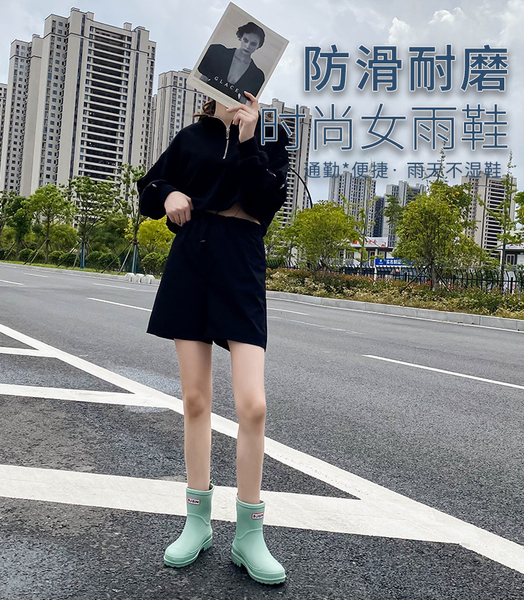 跨境时尚女雨鞋防滑水鞋防水雨靴韩版新款短筒套脚休闲工作出口详情1