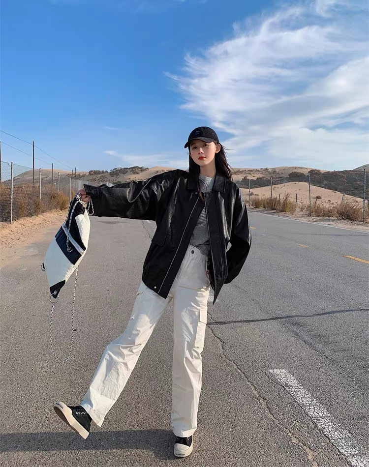 复古棕色皮衣女短款2024春秋季小个子韩版宽松皮夹克帅气机车外套详情11