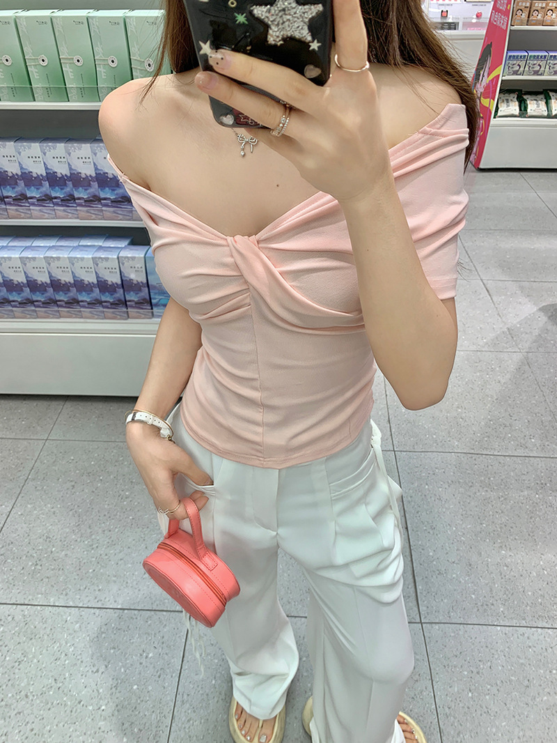 雅姿欣设计感白色短袖T恤两穿修身辣妹百搭显瘦内搭上衣女一字肩详情11