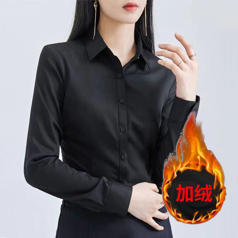 白色加绒衬衫女长袖秋冬加厚保暖职业装大码工装工作服百搭衬衣女详情5