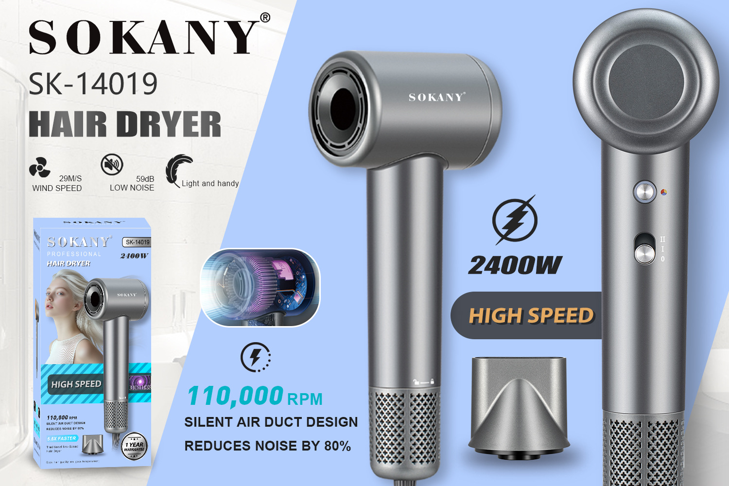 Foreign trade cross-border SOKANY14019 hair dryer, high-speed cold and hot wind power, dry hair care household hair dryer pic 3
