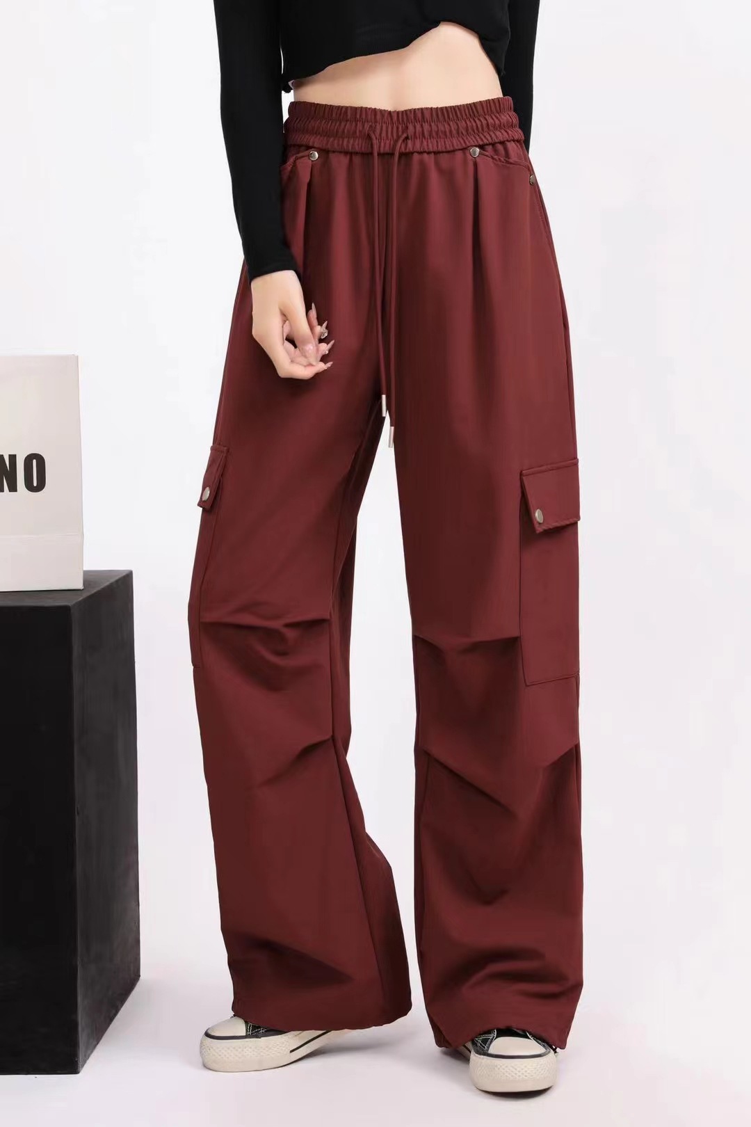 Workwear sweatpants for women, multi-pocket straight bucket tapered long pants for women, casual pants, simple elastic high-waisted tapered pants pic 6