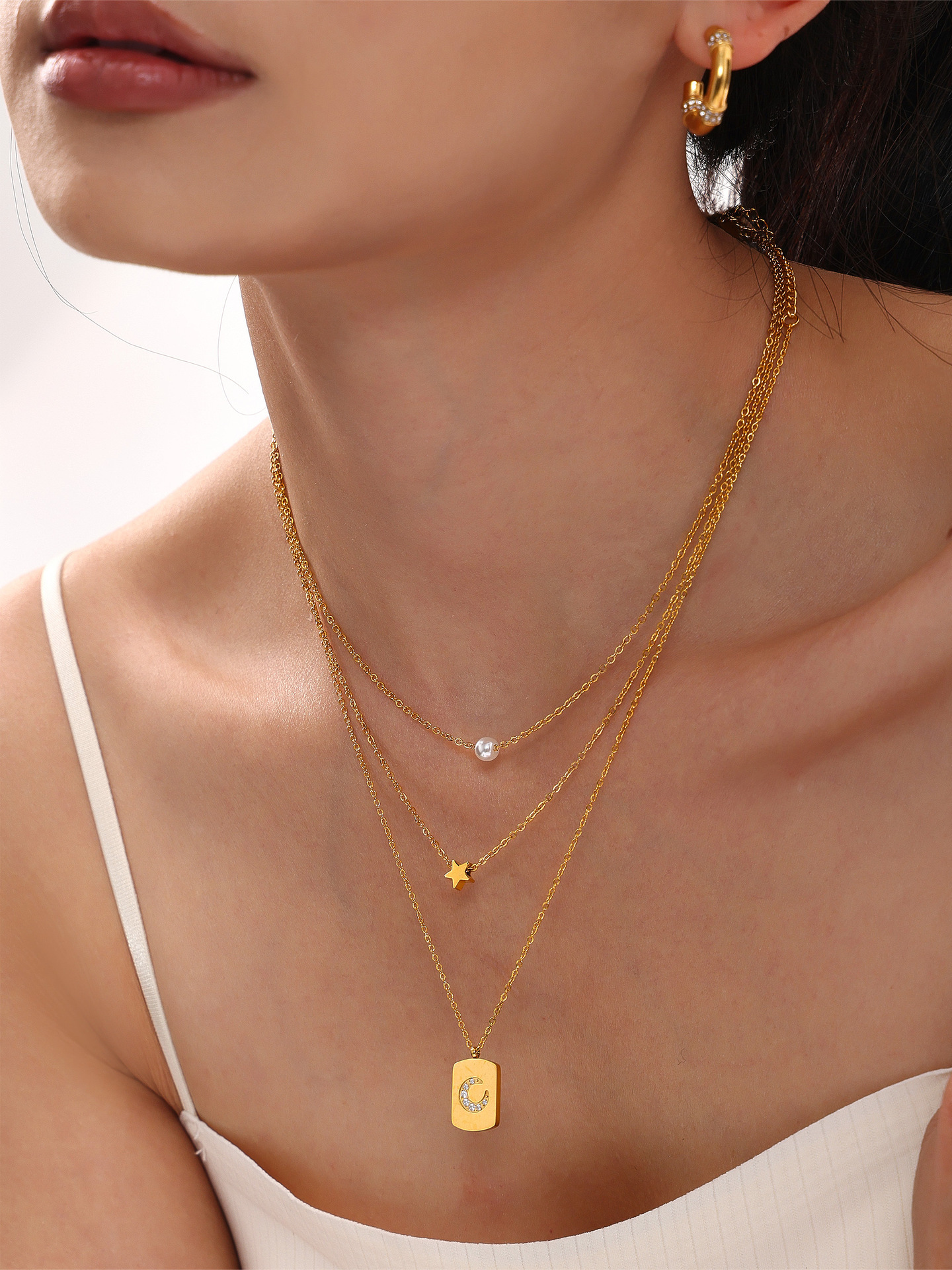 谜丽 星星贝珠设计感多层项链欧美风热销通勤叠戴钛钢18K真金饰品详情5