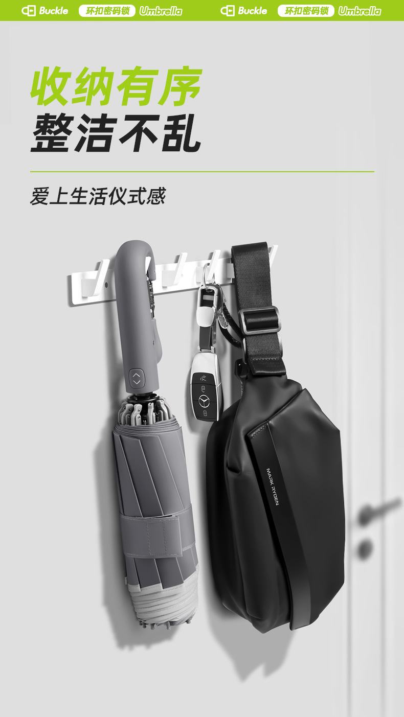 新款三折10骨280t碰击布面料抗风自动反向环扣手柄密码锁广告雨伞详情24