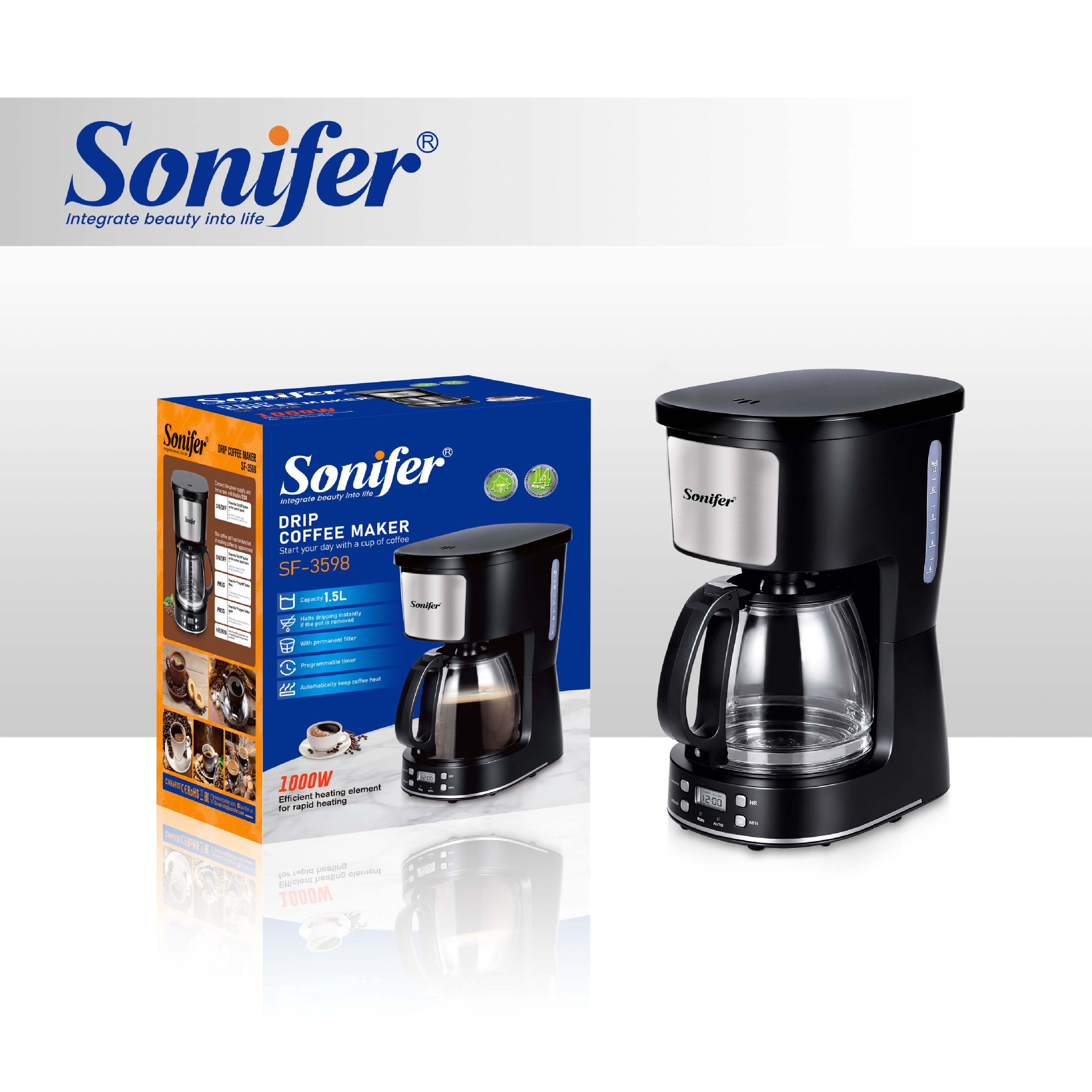 Sonifer SF-3598 European standard American drip Coffee machine, 1.5L, 23-hour pre-insulated, suitable for home and office use pic 2